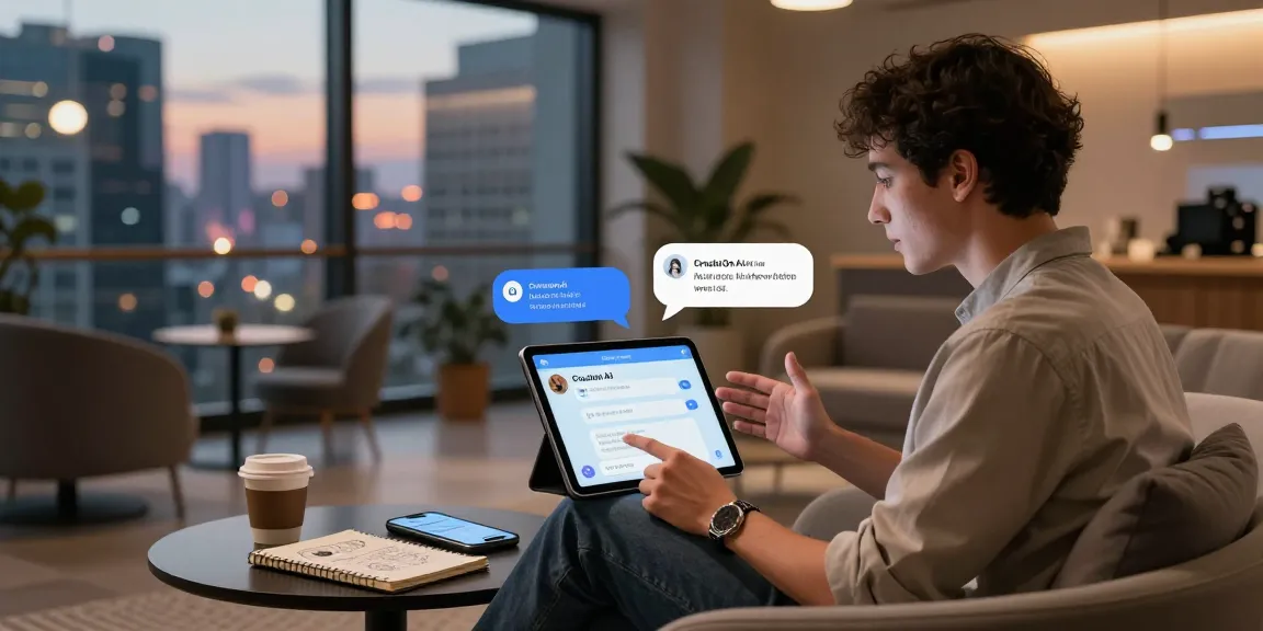 Engaged user interacting with CrushOn AI in a modern tech lounge.