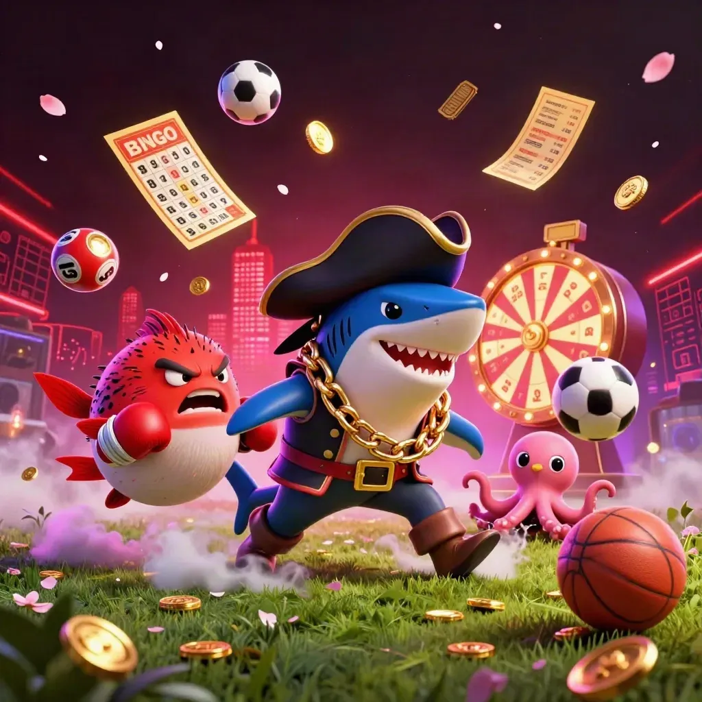 Pirate shark, pufferfish, and octopus amid casino sports chaos with balls, coins, and neon light.