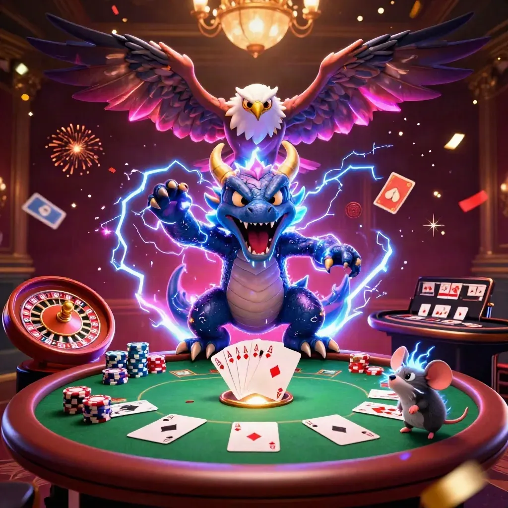 Thunder dragon, glowing hawk, and static mouse over casino table with chips, cards, and fireworks