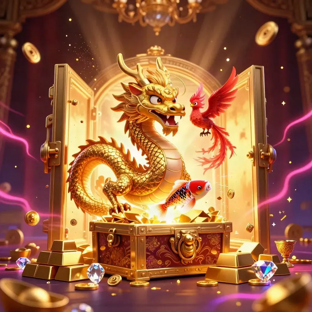 Golden dragon, phoenix, and koi burst from a vault amid jewels and neon casino glow.