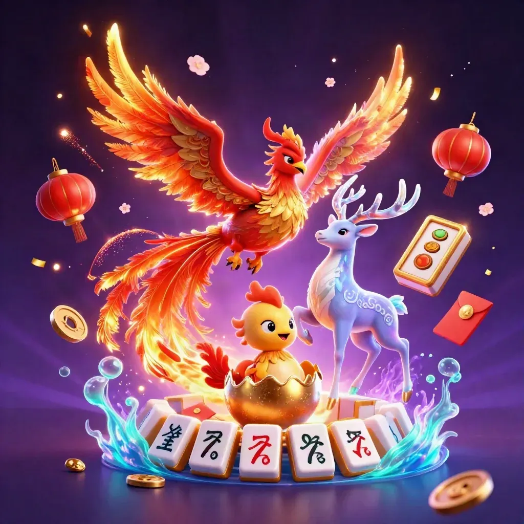 Phoenix, baby phoenix, and crystal stag amid casino treasure bursts in neon pink light.