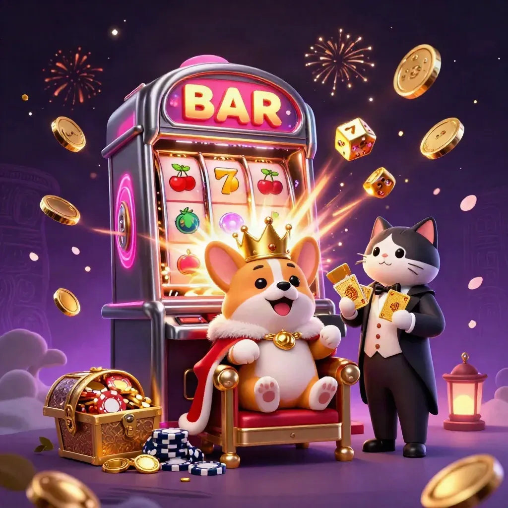 Crowned corgi and cat butler amid exploding slot machine, gold coins, fireworks, and treasure.