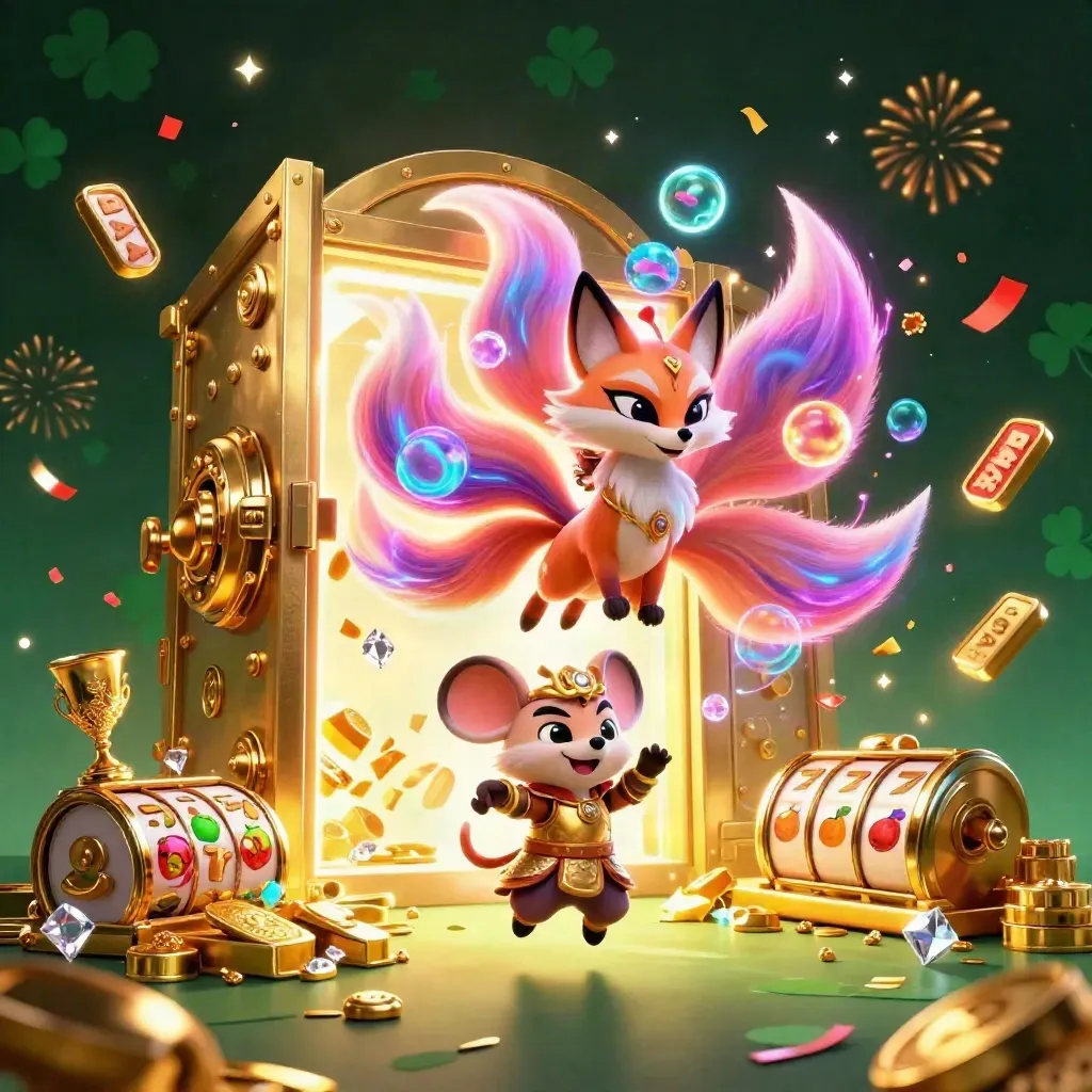 Nine-tailed fox and armored mouse burst from a vault with coins, gems, reels, and fireworks.