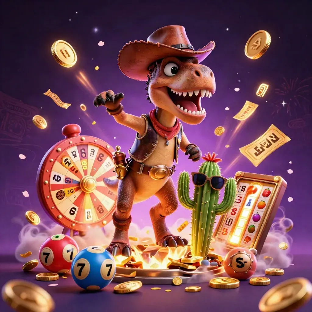 Cowboy T-Rex, cactus sidekick, and sheriff roadrunner explode from a vault amid coins and fireworks.