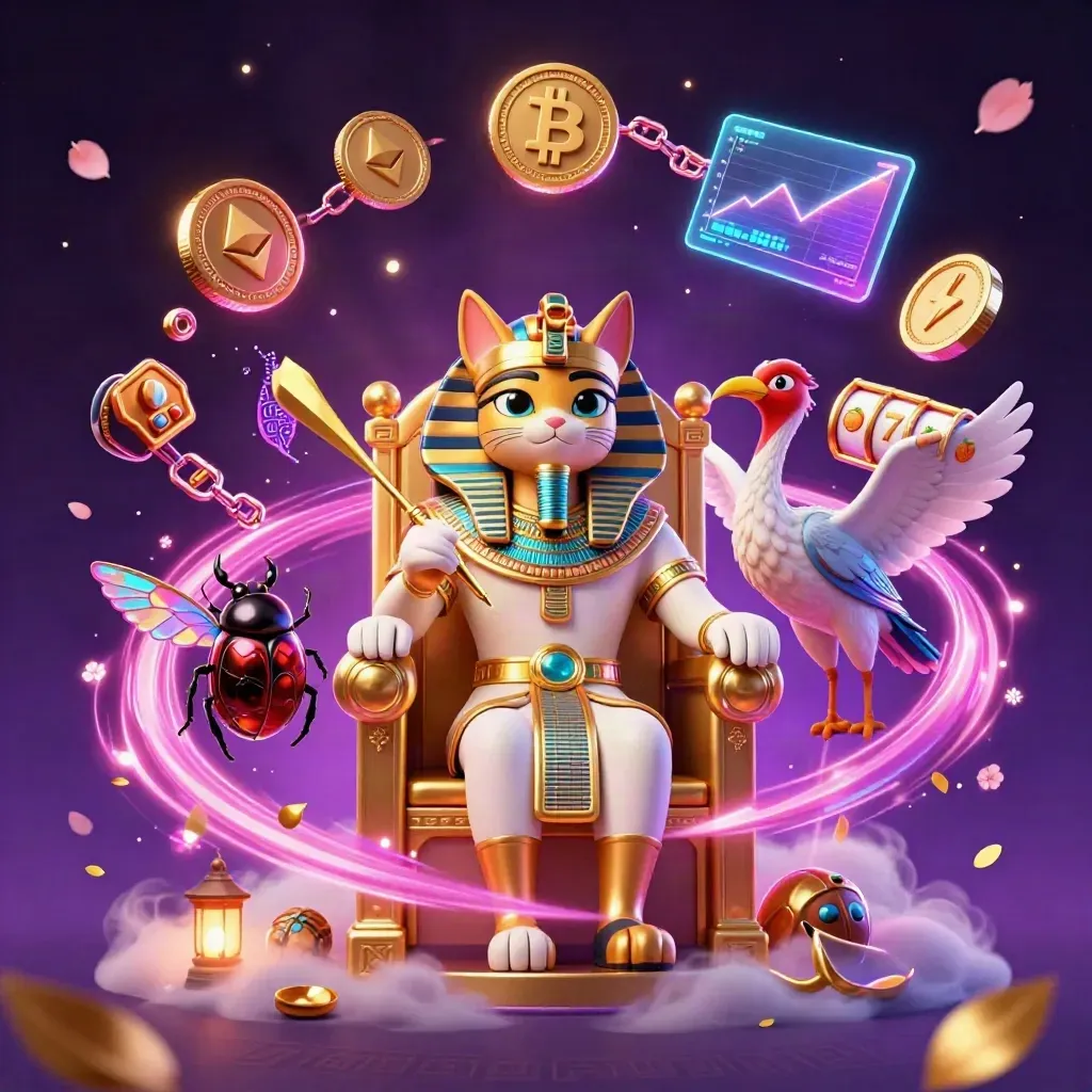 Pharaoh cat, ibis scribe, and gem-winged scarabs amid neon coins, reels, and magical casino energy.