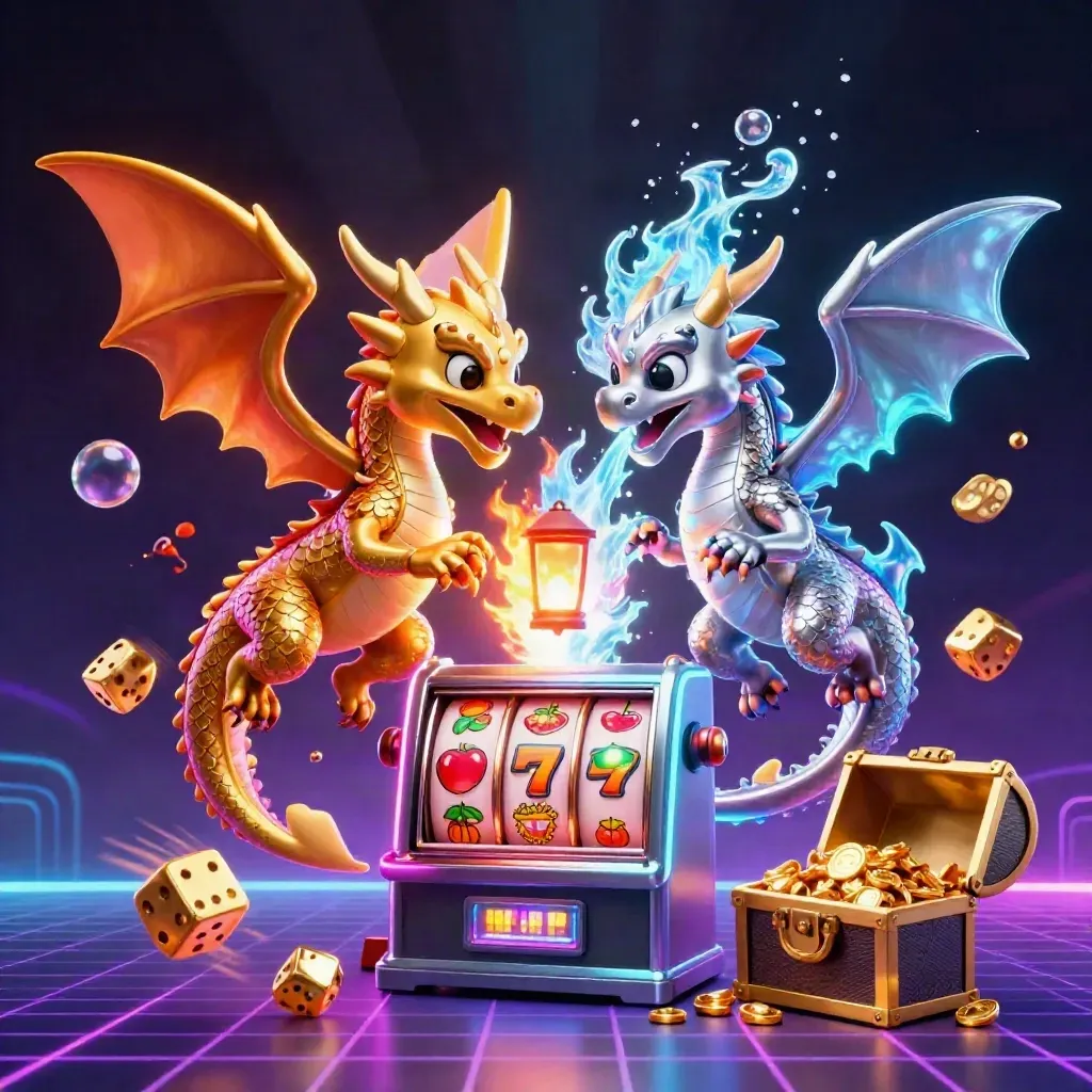 Twin gold and silver dragons spiral around a lantern spirit with slots, gold, and neon casino glow