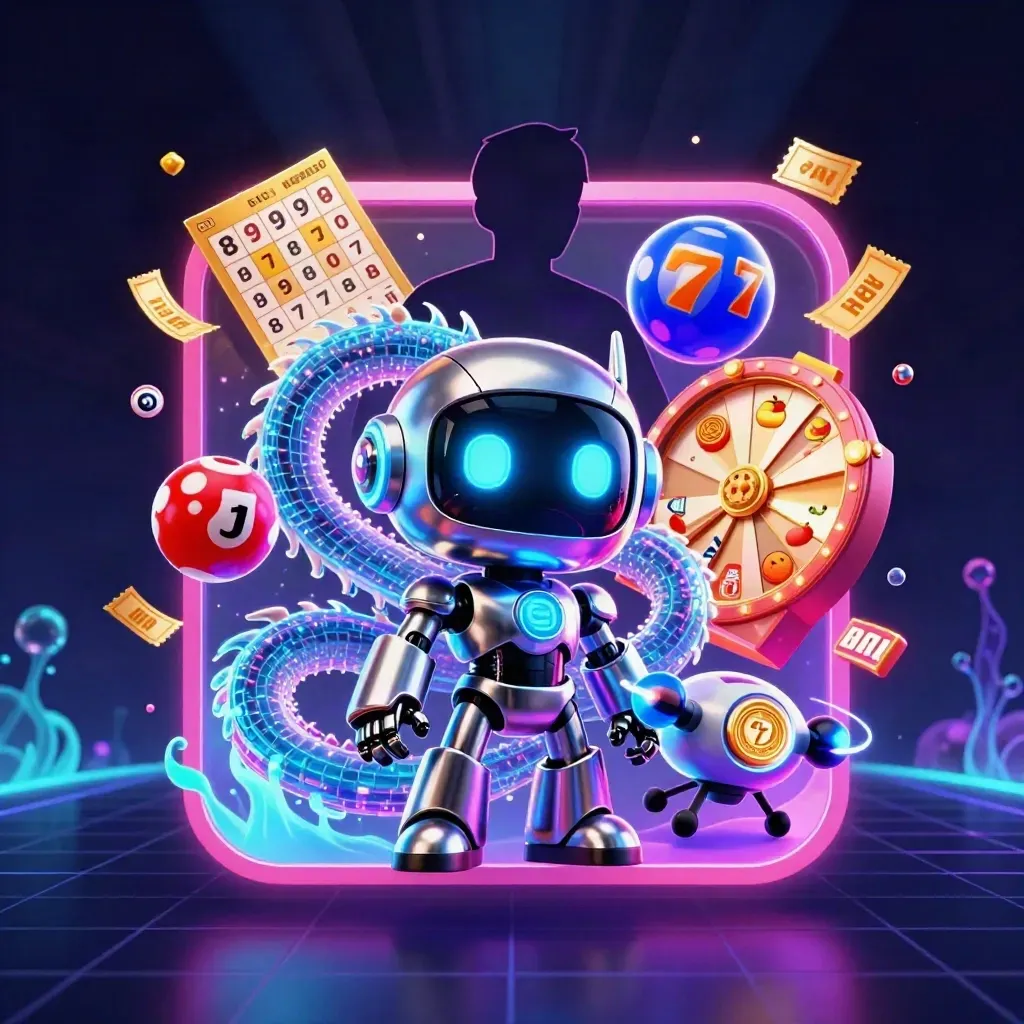 Cyberpunk robot, holographic dragon and coin drone amid casino icons and neon light.
